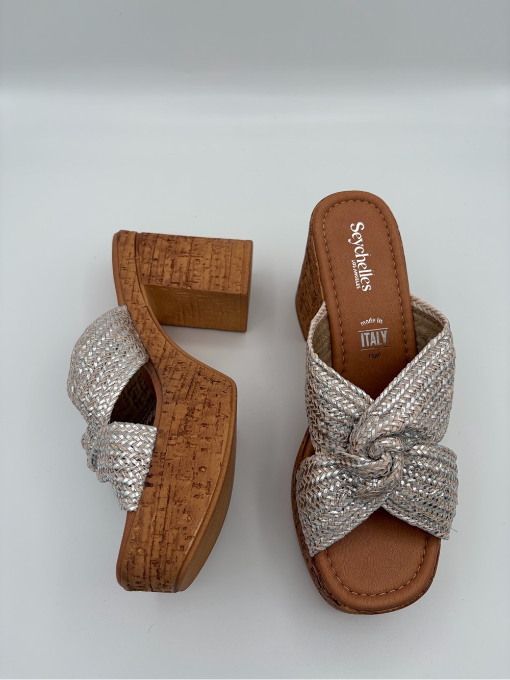 Seychelles Adorned Anthropologie Silver Raffia Platform Slide Sandals Size 10 - Picture 11 of 12